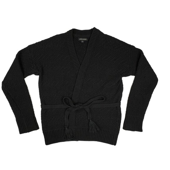 Banana Republic Tie Waist Tassels Wool Blend V-Neck Ribbed Chunky Cardigan Sz L - Picture 2 of 6